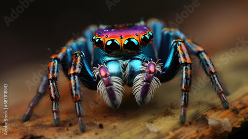 Photo of a vibrant peacock spider perched on a textured rock created, Close-up of the spider's head and beautiful eyes emerging. Nature beauty concept, A single Purple-Gold Jumping Spider perched
