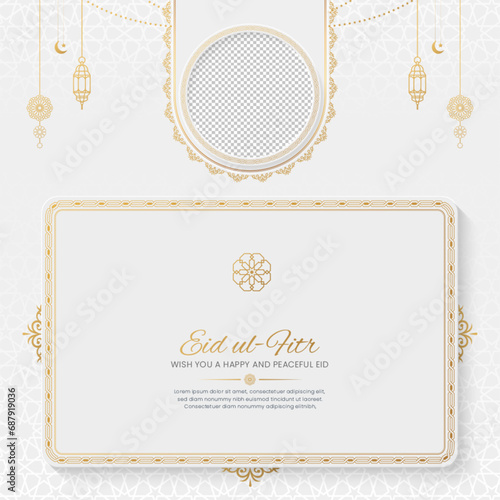 Eid al Fitr Mubarak Islamic white and golden social media post template
