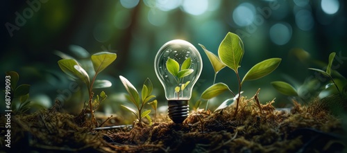 Electric lightbulb contains green plant with sunlight, energy-saving and environmental concepts on Earth Day photo