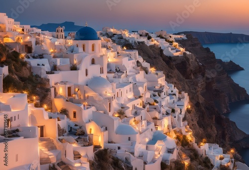 Sunset Serenity in Santorini Tranquil Seaside Village Sunset with Whitewashed Buildings