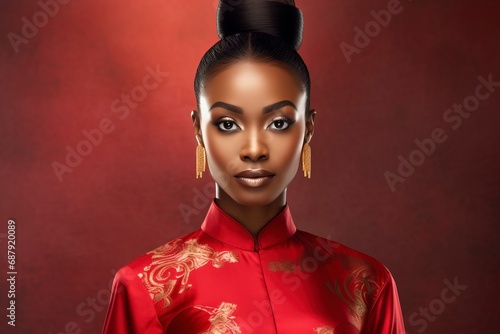 Young African beauty woman wearing cheongsam, one color background, copy space . generative ai