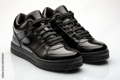 black sneakers with a glossy finish, on an isolated white background, Generative AI