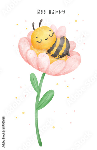 Cute baby honey bee sleeping in flower watercolor cartoon character hand painting illustration vector. Bee Happy
