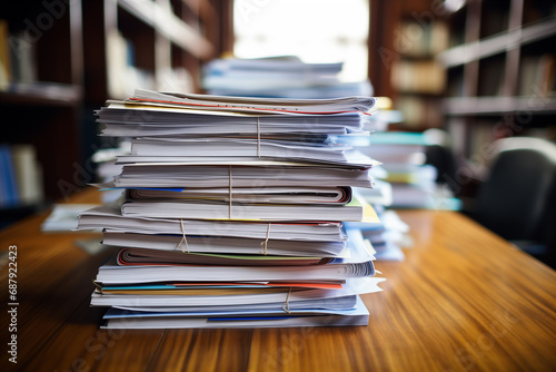 Paperwork, stacks business papers in office