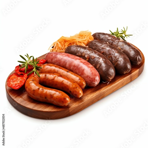 Assorted Grilled Sausages on Wooden Board. Generative ai
