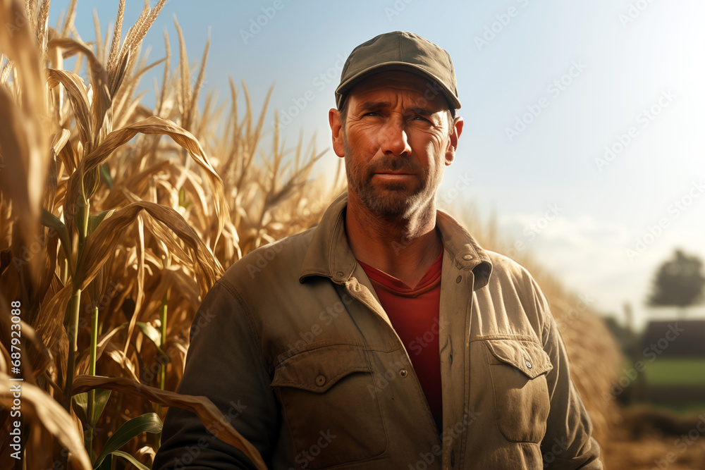 Smiling farmer man in a field. Agriculture. Cornfield
