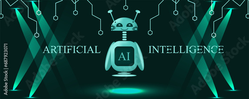 3d android Robot on Futuristic background. Artificial Intelligence character on Chip background. Vector illustration can used web banner, poster and social media.