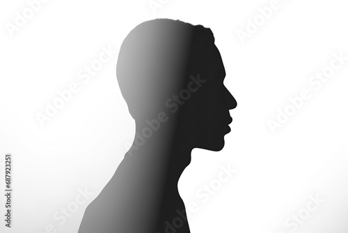 A black and grey silhouette on a white background, isolated. Forward facing. Half face. Shadow figure. Side-drawn. Dark sideways silhouette of a man. Male shadow-figure. In profile