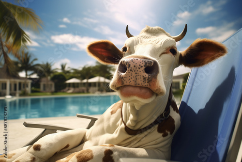 cow sunbathing lying on a sun lounger by the pool, summer vacation photo