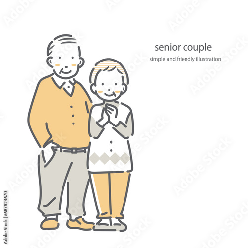 70代、80代　笑顔のシニア夫婦　シンプルでお洒落な線画イラスト