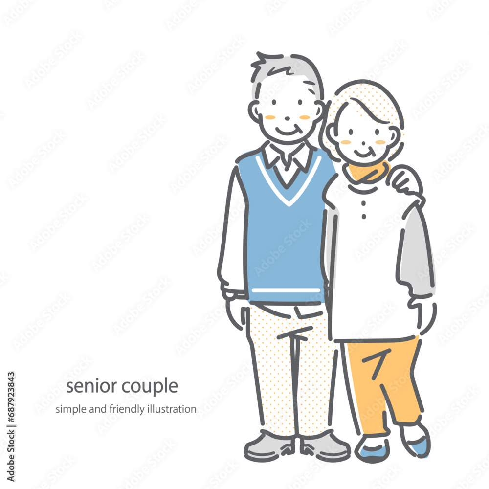 60代、70代 笑顔のシニア夫婦 シンプルでお洒落な線画イラスト 60代、70代 笑顔のシニア夫婦 シンプルでお洒落な線画イラスト