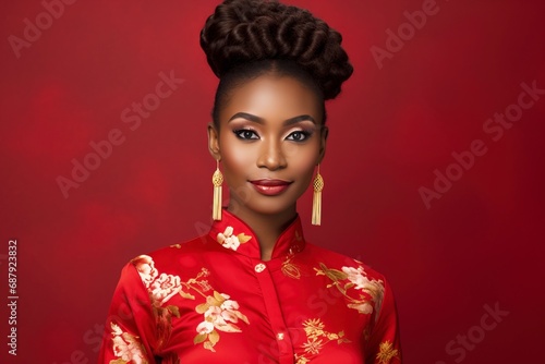 Young African beauty woman wearing cheongsam, one color background, copy space . generative ai