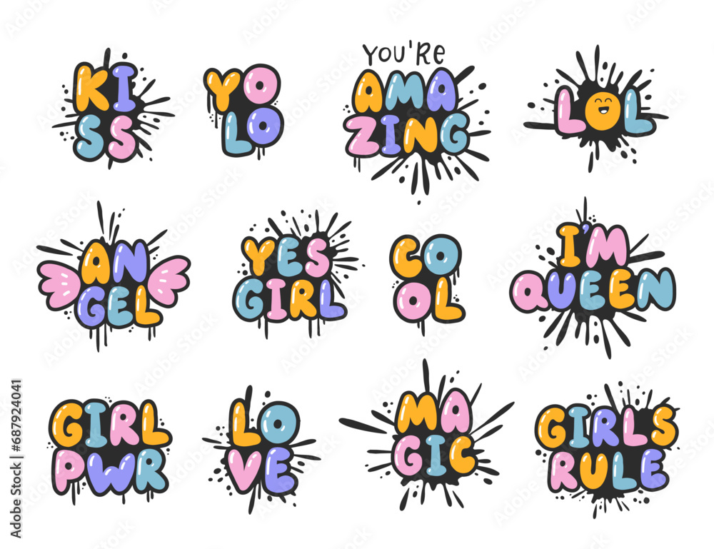 Naklejka premium Cartoon slogan stickers set in 90 and 00 pink girly style. Cute y2k bubble lettering for tee t shirt and sweatshirt. Urban graffiti with spray grunge effects. Hipster graphic street art