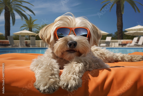 dog in sunglasses sunbathing lying on a sun lounger by the pool, summer vacation © Anastasiia Trembach