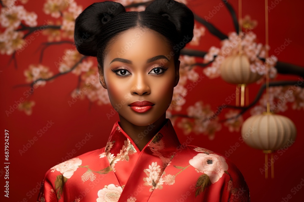 Young African beauty woman wearing cheongsam, one color background, copy space . generative ai Young African beauty woman wearing cheongsam, one color background, copy space . generative ai