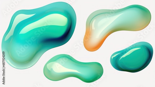 set of Emerald Green and Peach color liquid 3d shapes, floating paint drops with gradient.