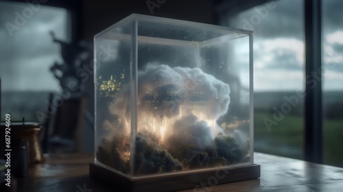 A glass box with clouds inside of it. Terrarium with various magical clouds. photo