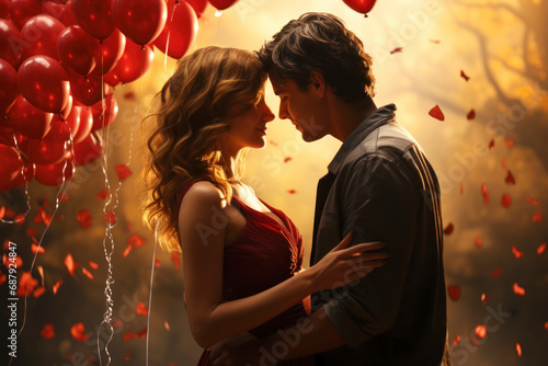 A loving couple, man and woman, embrace against backdrop of bright red balloons