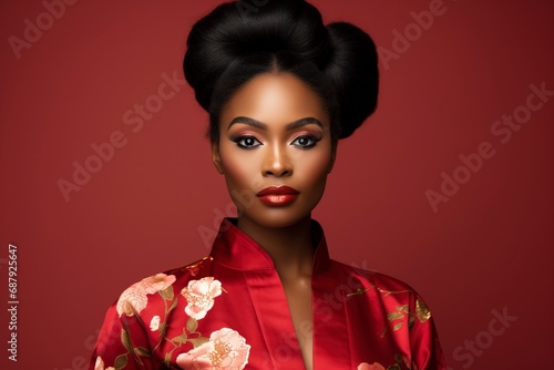 Young African beauty woman wearing cheongsam, one color background, copy space . generative ai