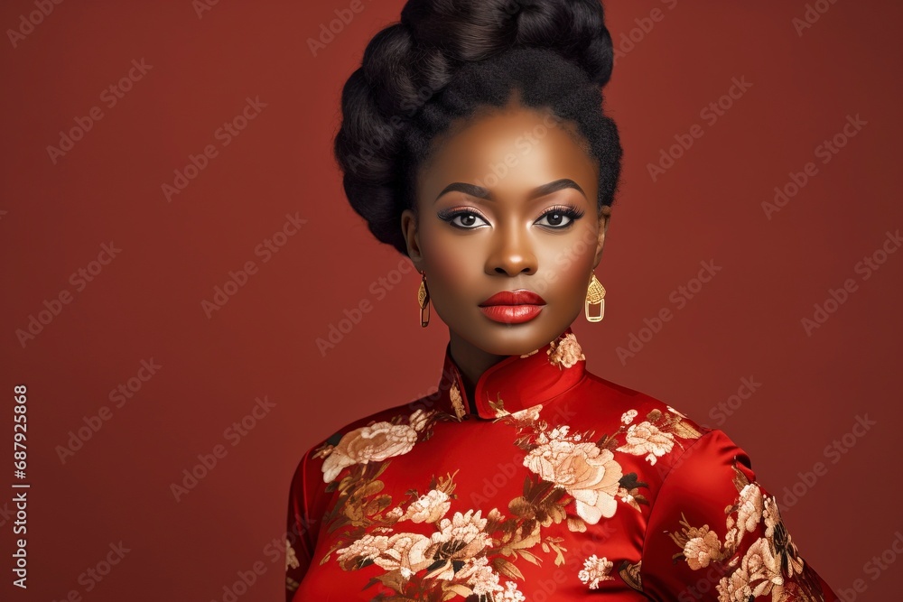 Young African beauty woman wearing cheongsam, one color background, copy space . generative ai Young African beauty woman wearing cheongsam, one color background, copy space . generative ai