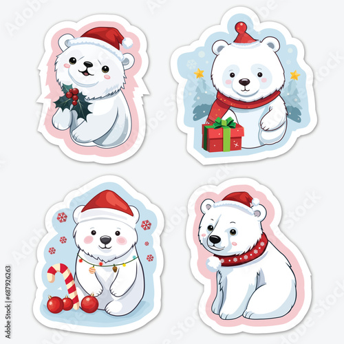 Fototapeta Naklejka Na Ścianę i Meble -  Cute Christmas Polar Bear Stickers Set Vector Illustration