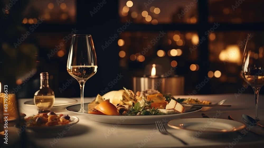 Elegant and Luxurious Restaurant Table with Foods and Wine
