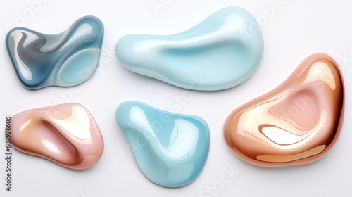 set of Sky Blue and Rose Gold color liquid 3d shapes, floating paint drops with gradient.