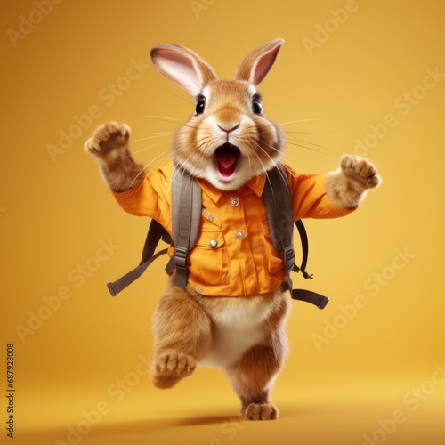 Funny happy rabbit schoolboy with backpack jumping. © vlntn