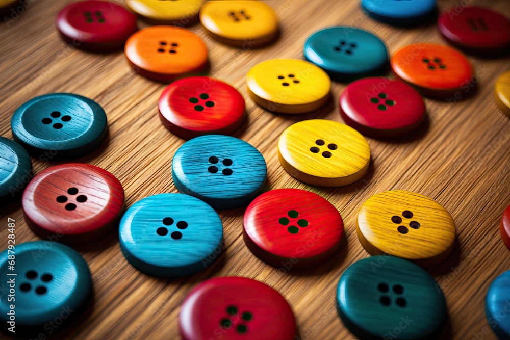 Multi-colored buttons lying on a wooden table. Close-up. Handicraft and creativity concept Multi-colored buttons lying on a wooden table. Close-up. Handicraft and creativity concept