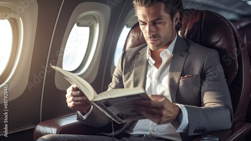 Handsome, elegant male businessman in a business suit flies in business class on an airplane reading a book © Nick Alias