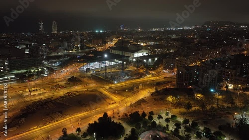 night illumination barcelona city traffic street crossroad famous encants market aerial panorama 4k spain photo