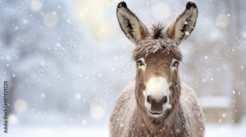 Happy donkey rejoices in first snow.