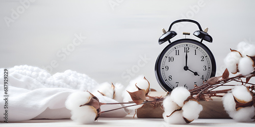 Clock and cotton for daylight saving, atop white surface White Background Clock Image Time background concept. vintage classic alarm clock and cotton branch on white empty background Ai Generative
