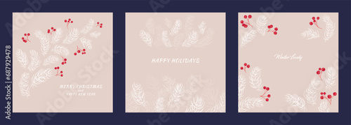 Set holiday cards. Template with Christmas branches. Vector  illustration with hand drawn  floral design. Merry Christmas and Happy New Year card. Print illustration, poster, corporate invitation, gre