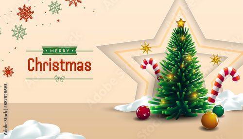 Premium vector Christmas tree and snow flakes background. High quality vector star decoration background