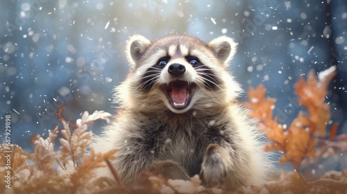 Happy raccoon rejoices in first snow. © vlntn