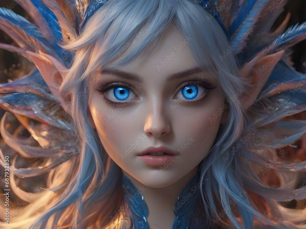 Fototapeta premium A short-eared, blue-eyed elf in a fantasy world.