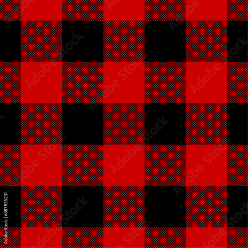Black and red tartan check plaid seamless pattern, pixel plaid, checkered plaid texture background for textile design, napkin, blanket, wrapping paper, cover, tablecloth, scarf. Vector illustration.