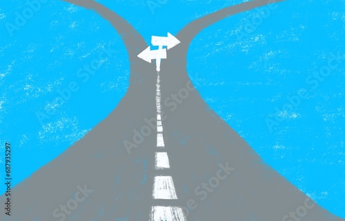 青空のなかに走る道路が2つに分かれその分岐点に矢印があるイラスト