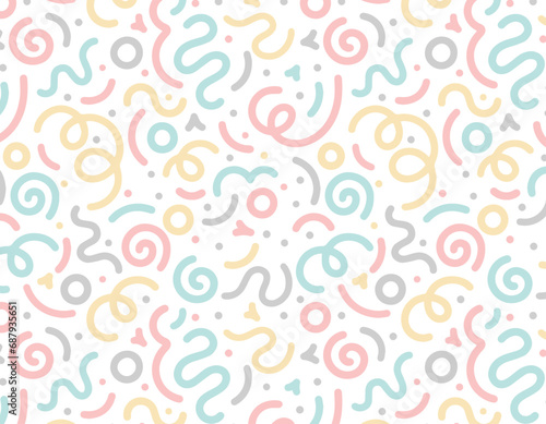 Abstract doodle design with hand drawn colorful shapes, lines. Simple childish scribble background with bright cute elements. Contemporary trendy vector backdrop. Fun minimal pattern in girly colors 
