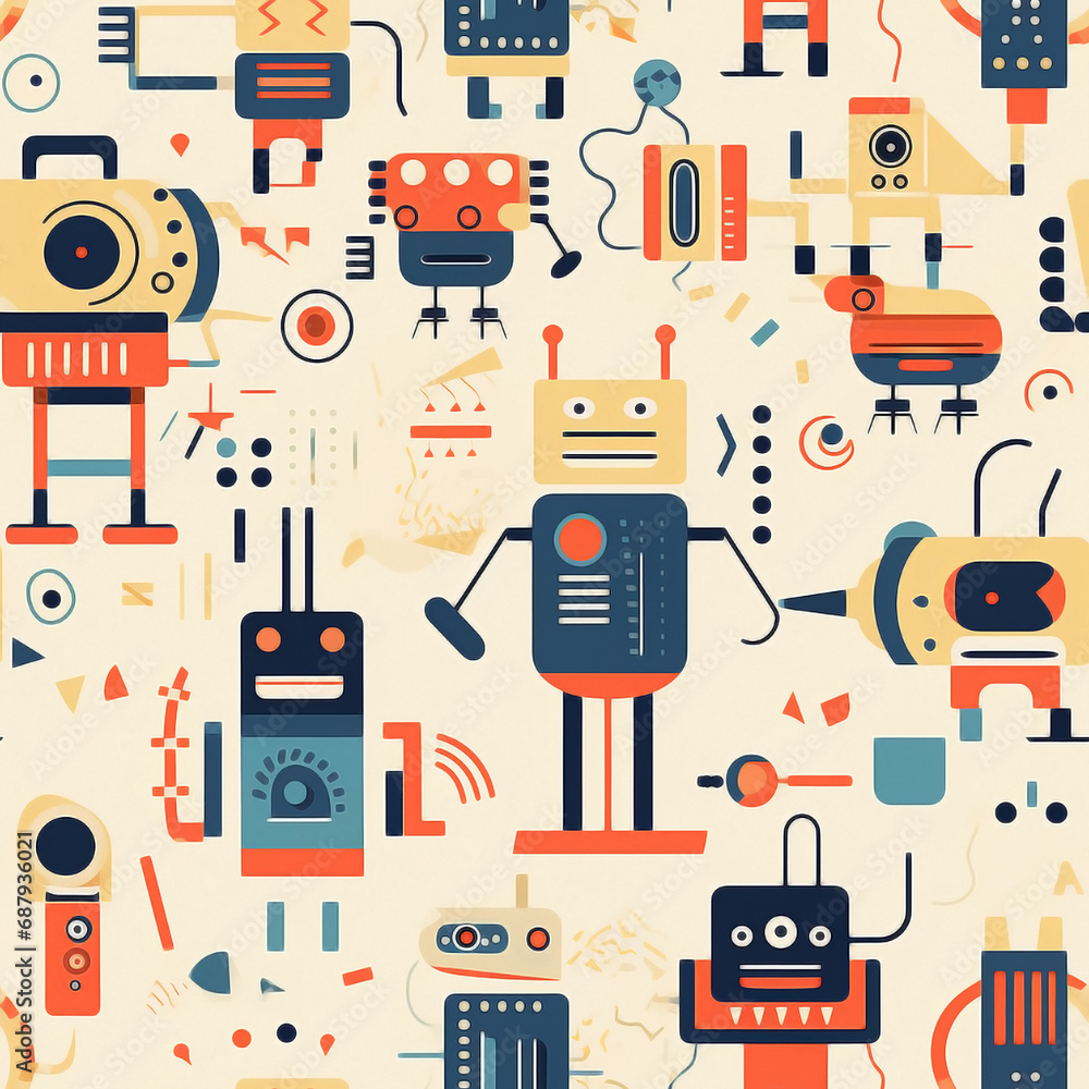 Seamless robots pattern of different shapes, colors and emotions. Seamless robots pattern of different shapes, colors and emotions.
