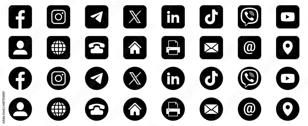 Contact Us Icons. Facebook, Instagram, YouTube, X, LinkedIn, TikTok ...