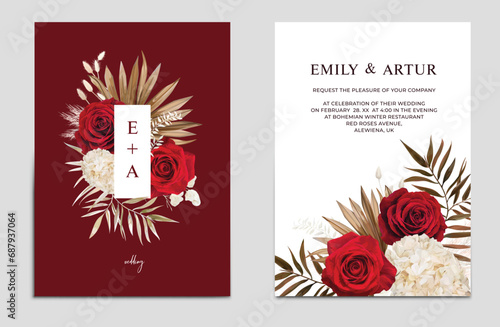 Boho red wedding invite, save the date card template set. Rose flowers, dry Hydrangea, palm branch, pampas grass, white leaves bouquet frame border. Chic winter editable watercolor vector illustration