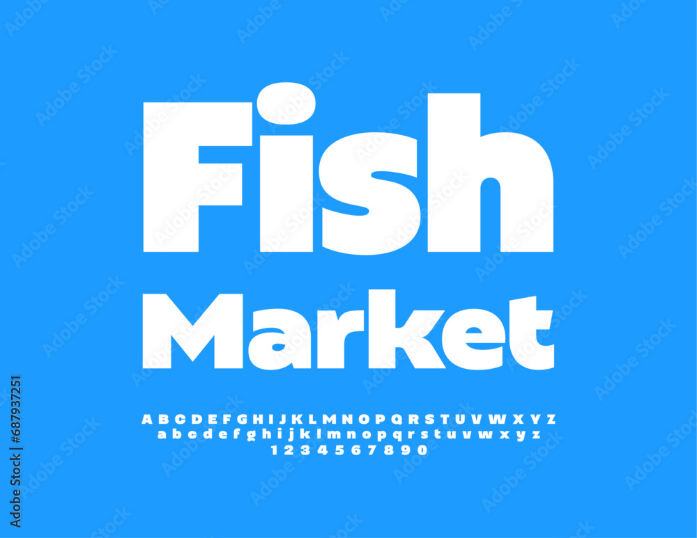 Vector business logo Fish Market. White minimalistic Font. Simple style Alphabet Letters and Numbers set