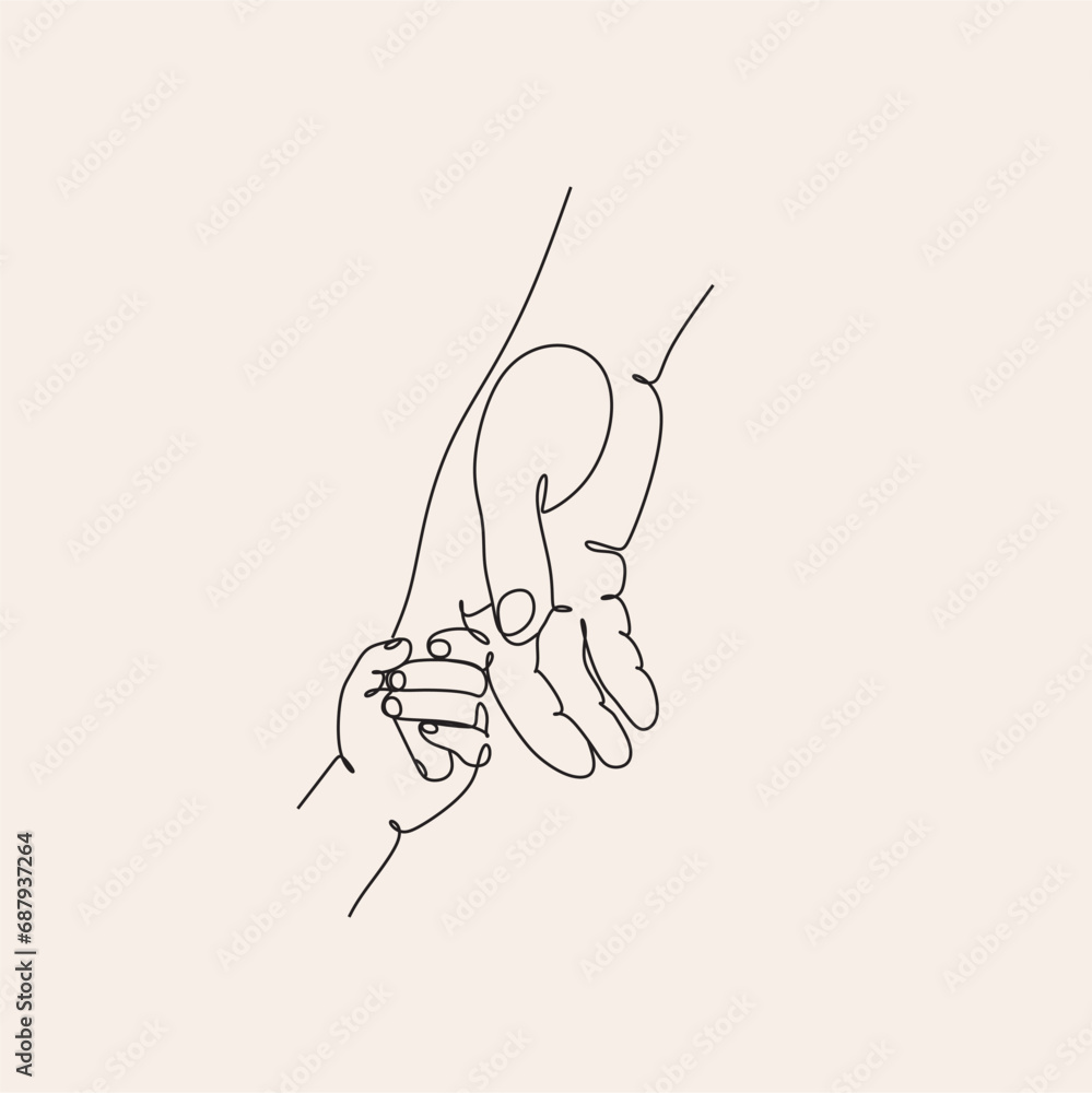 father and child hands continuous line illustration. One line drawing of adult and young palm hand holding with love vector.
