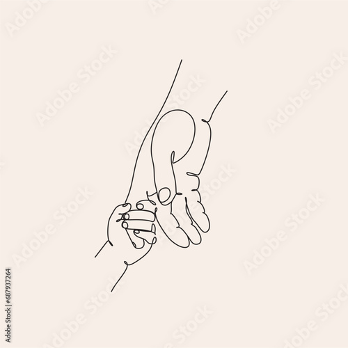 Obraz na płótnie father and child hands continuous line illustration. One line drawing of adult and young palm hand holding with love vector. w salonie