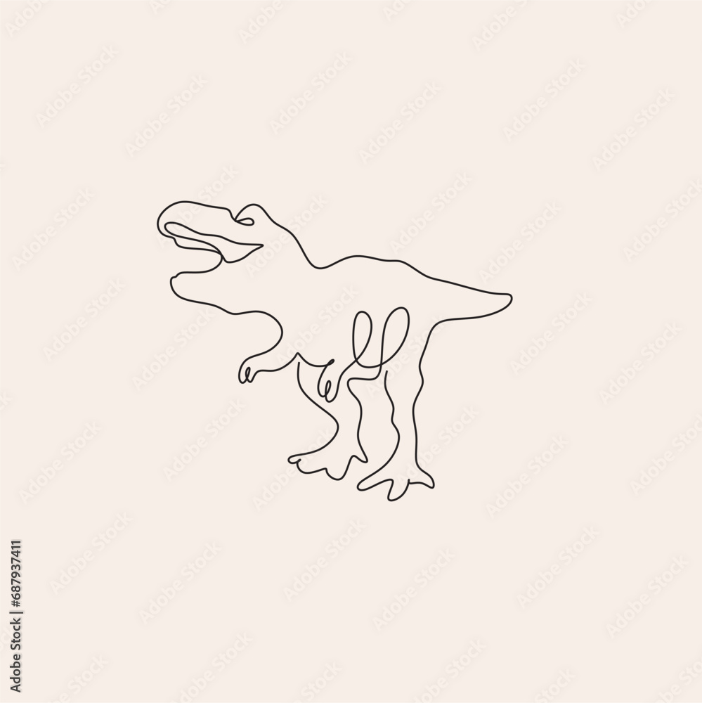 Single continuous line drawing of animal for logo identity. Prehistoric animal mascot concept for dinosaurs rex theme amusement park icon. Trendy one line draw design graphic vector illustration Single continuous line drawing of animal for logo identity. Prehistoric animal mascot concept for dinosaurs rex theme amusement park icon. Trendy one line draw design graphic vector illustration