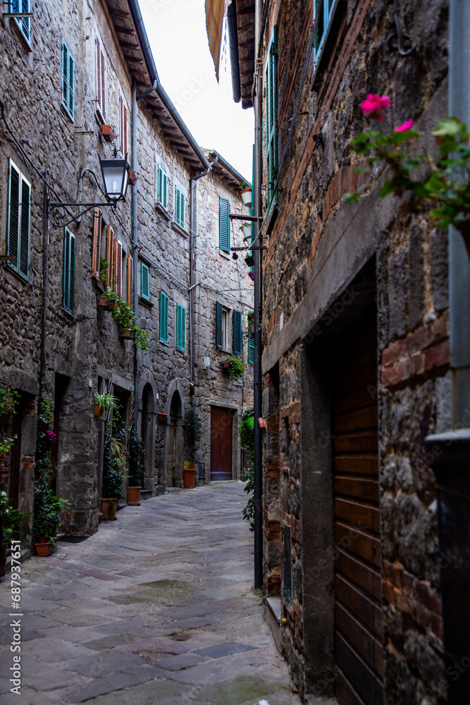 A characteristic street of the village of Abbadia San Salvatore, Monte Amiata, Siena, Tuscany, Italy