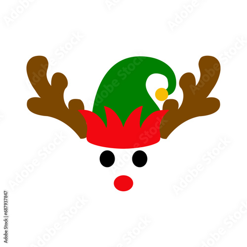 Tiempo de Navidad. Logo con reno Rudolph con sombrero de elfo de Santa Claus, hocico rojo y astas para su uso en tarjetas y felicitaciones