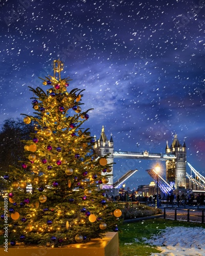 Canvas Print A illuminated Christmas Tree in front of the famous Tower Bridge of London, Engl